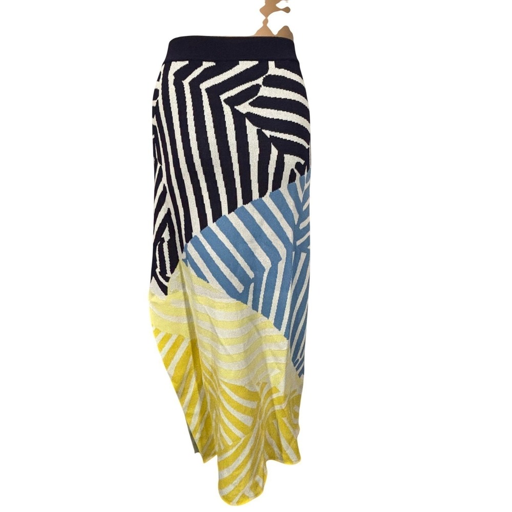 STAUD Karina Geometric Stripe Knit Midi Skirt Navy & Yellow Colorblock | Size XL